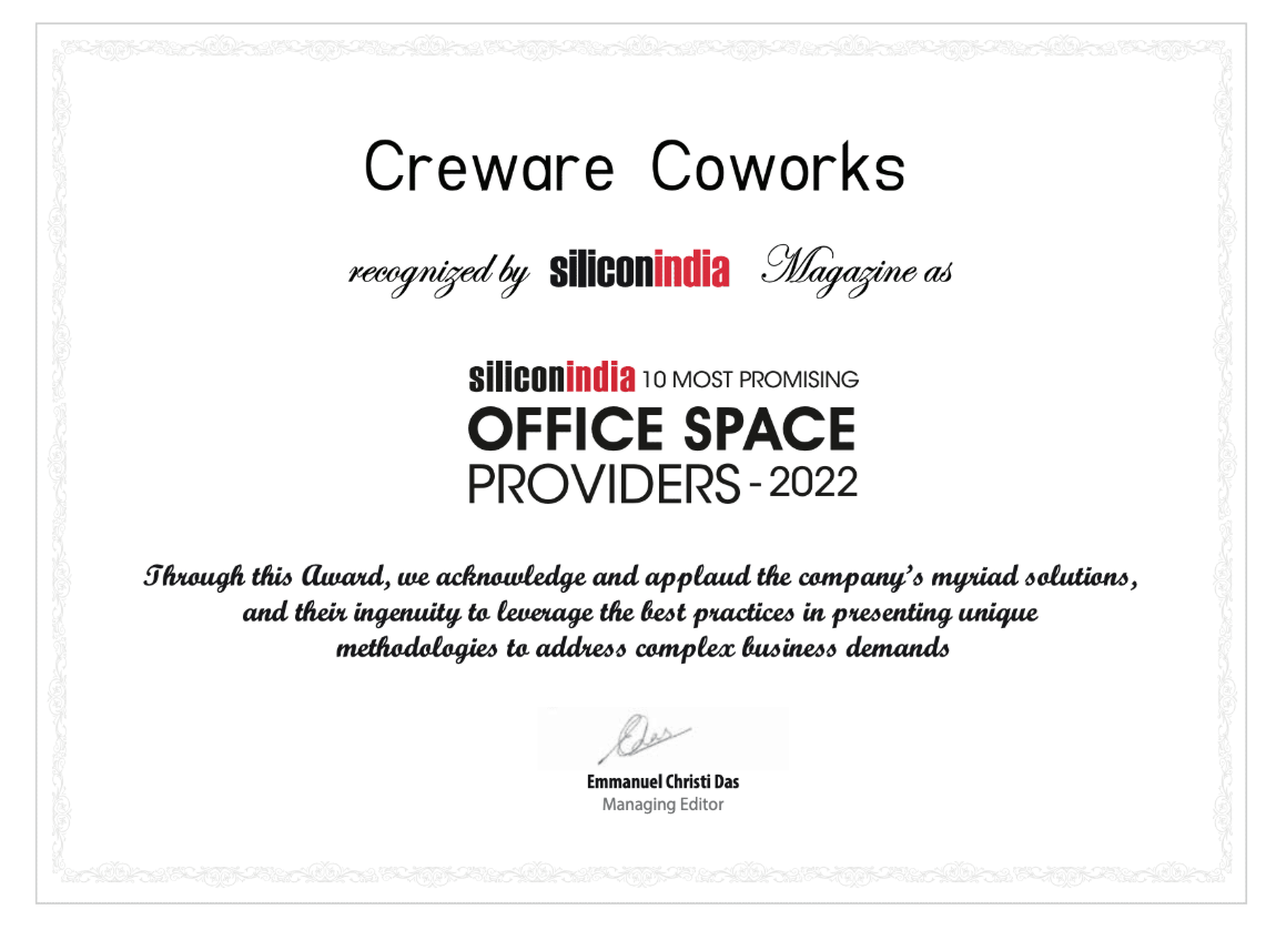 Silicon India Top 10 Office Space Providers 2022 Certificate