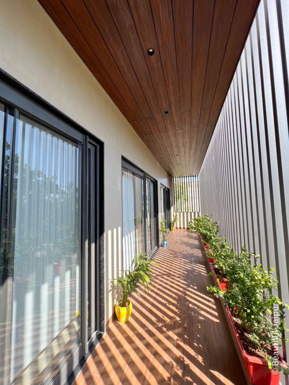 Daytime terrace walkway with lush planters